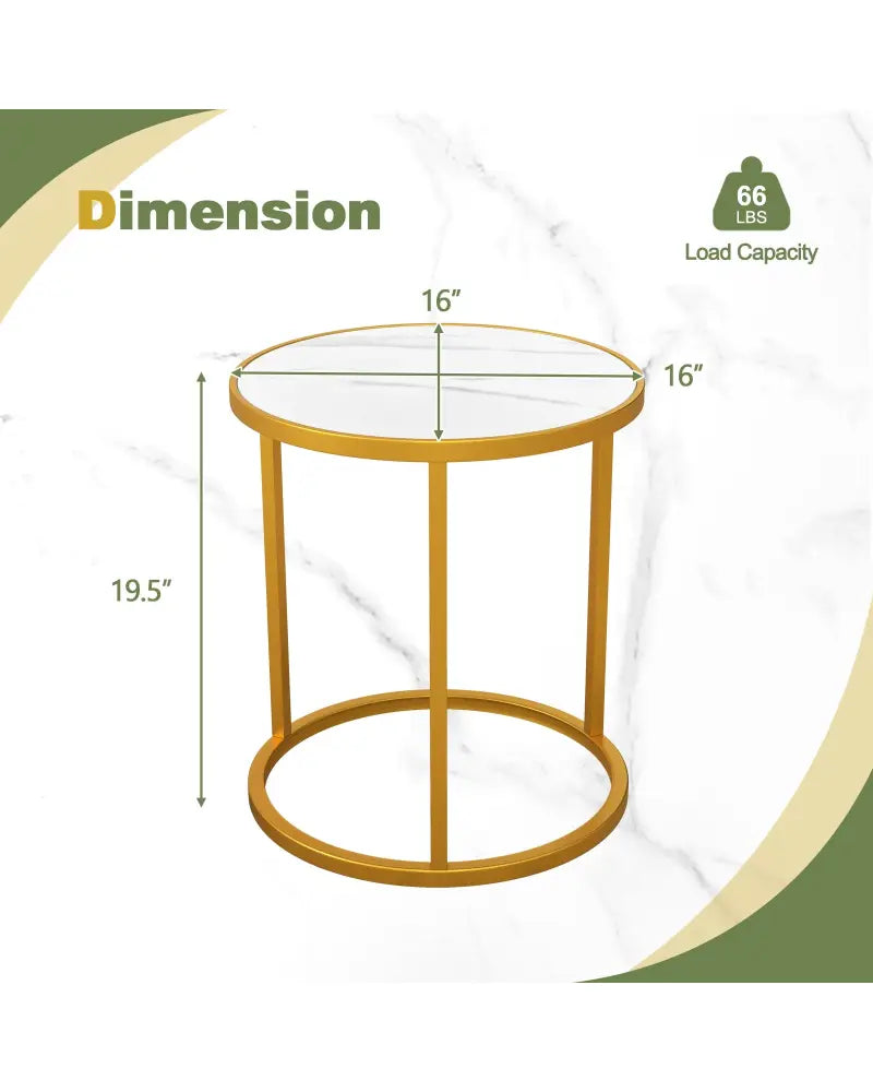 Marble Top Round Side Table 16-Inch End Table with Golden Metal Frame-2 Pieces - Golden - End & Side Tables