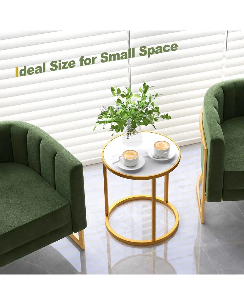 Marble Top Round Side Table 16-Inch End Table with Golden Metal Frame-2 Pieces - Golden - End & Side Tables