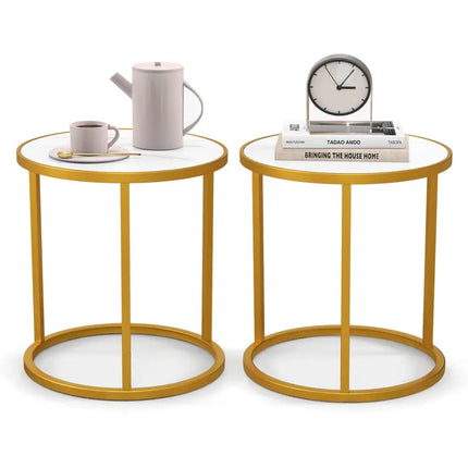 Marble Top Round Side Table 16-Inch End Table with Golden Metal Frame-2 Pieces - Golden - End & Side Tables