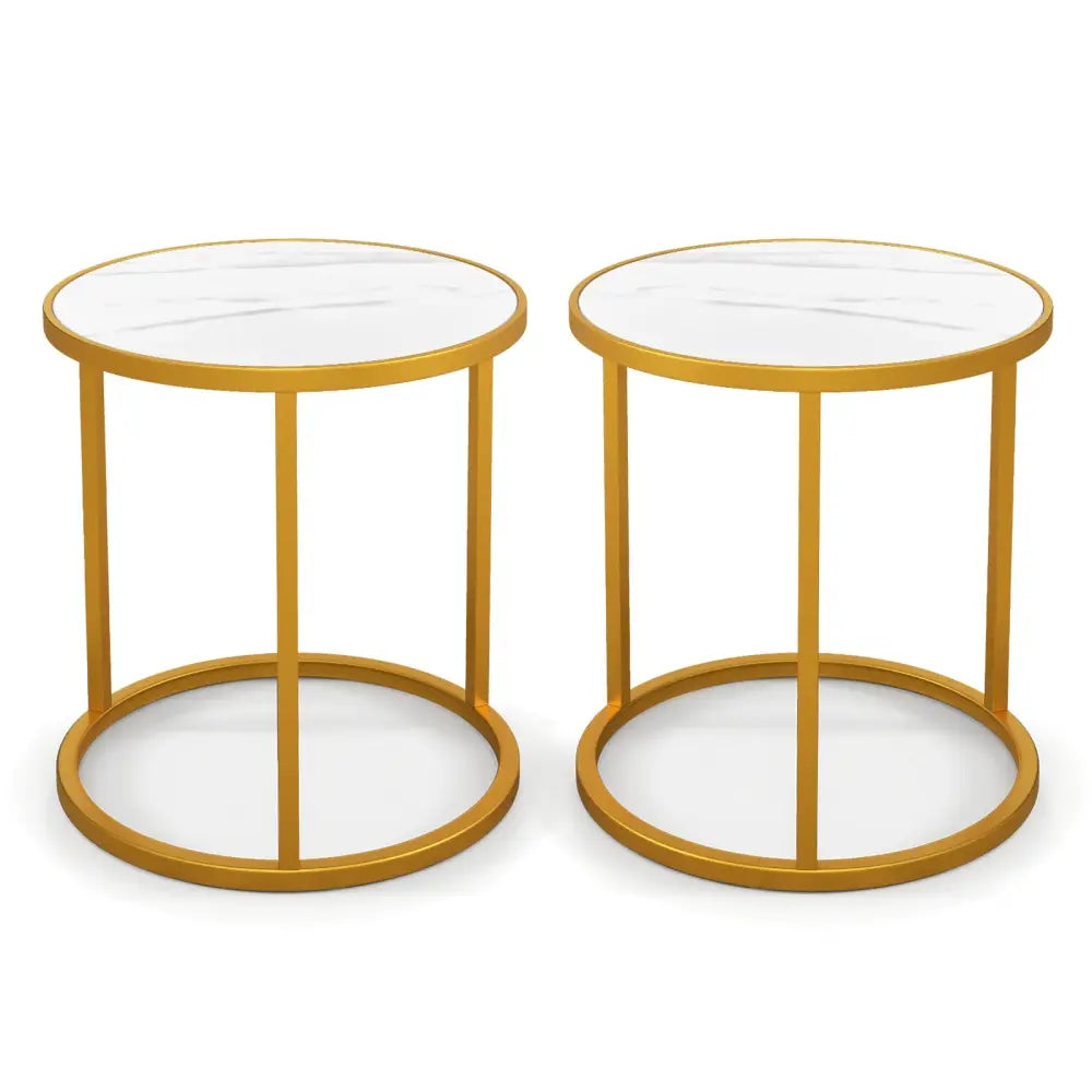 Marble Top Round Side Table 16-Inch End Table with Golden Metal Frame-2 Pieces - Golden - End & Side Tables
