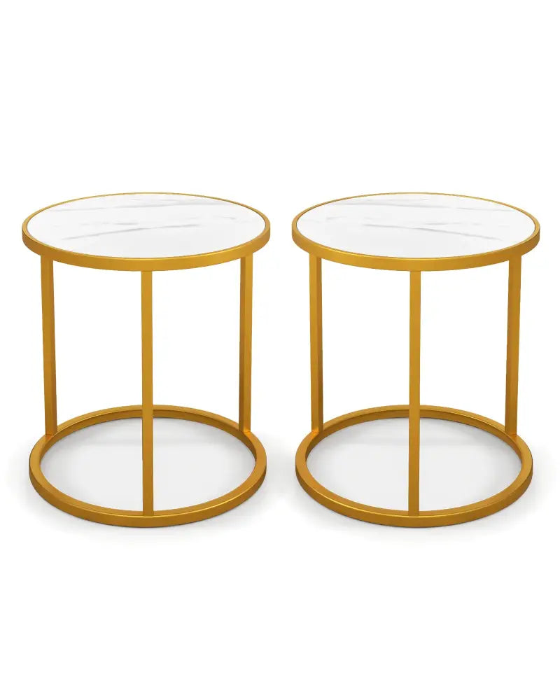 Marble Top Round Side Table 16-Inch End Table with Golden Metal Frame-2 Pieces - Golden - End & Side Tables