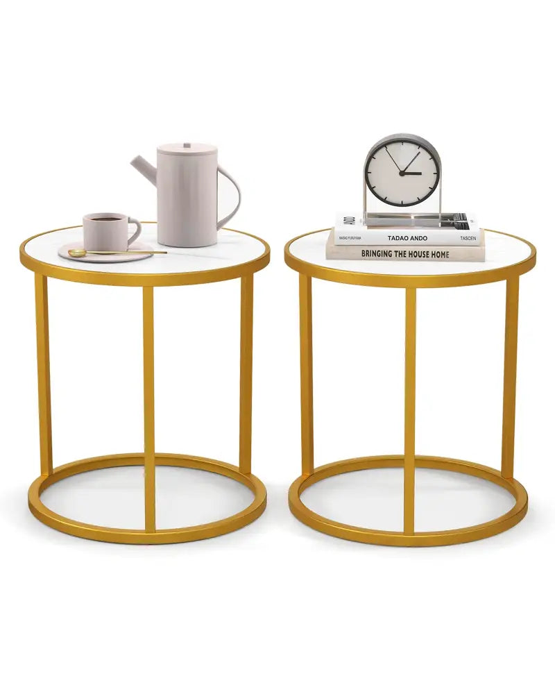 Marble Top Round Side Table 16-Inch End Table with Golden Metal Frame-2 Pieces - Golden - End & Side Tables