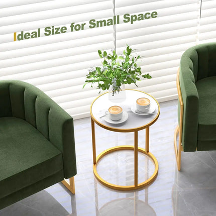 Marble Top Round Side Table 16-Inch End Table with Golden Metal Frame-2 Pieces - Golden - End & Side Tables