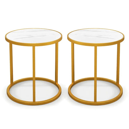 Marble Top Round Side Table 16-Inch End Table with Golden Metal Frame-2 Pieces - Golden - End & Side Tables