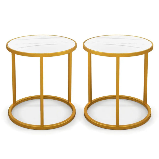 Marble Top Round Side Table 16-Inch End Table with Golden Metal Frame-2 Pieces - Golden - End & Side Tables