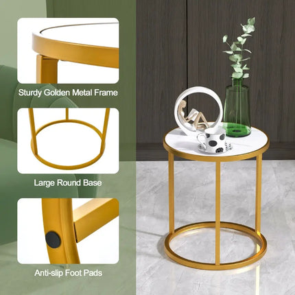 Marble Top Round Side Table 16-Inch End Table with Golden Metal Frame-2 Pieces - Golden - End & Side Tables