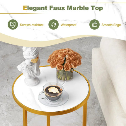 Marble Top Round Side Table 16-Inch End Table with Golden Metal Frame-2 Pieces - Golden - End & Side Tables