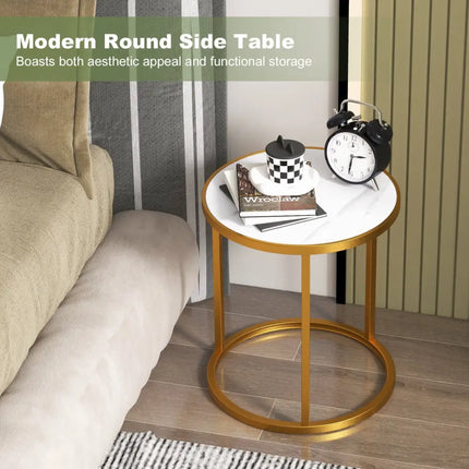 Marble Top Round Side Table 16-Inch End Table with Golden Metal Frame-2 Pieces - Golden - End & Side Tables