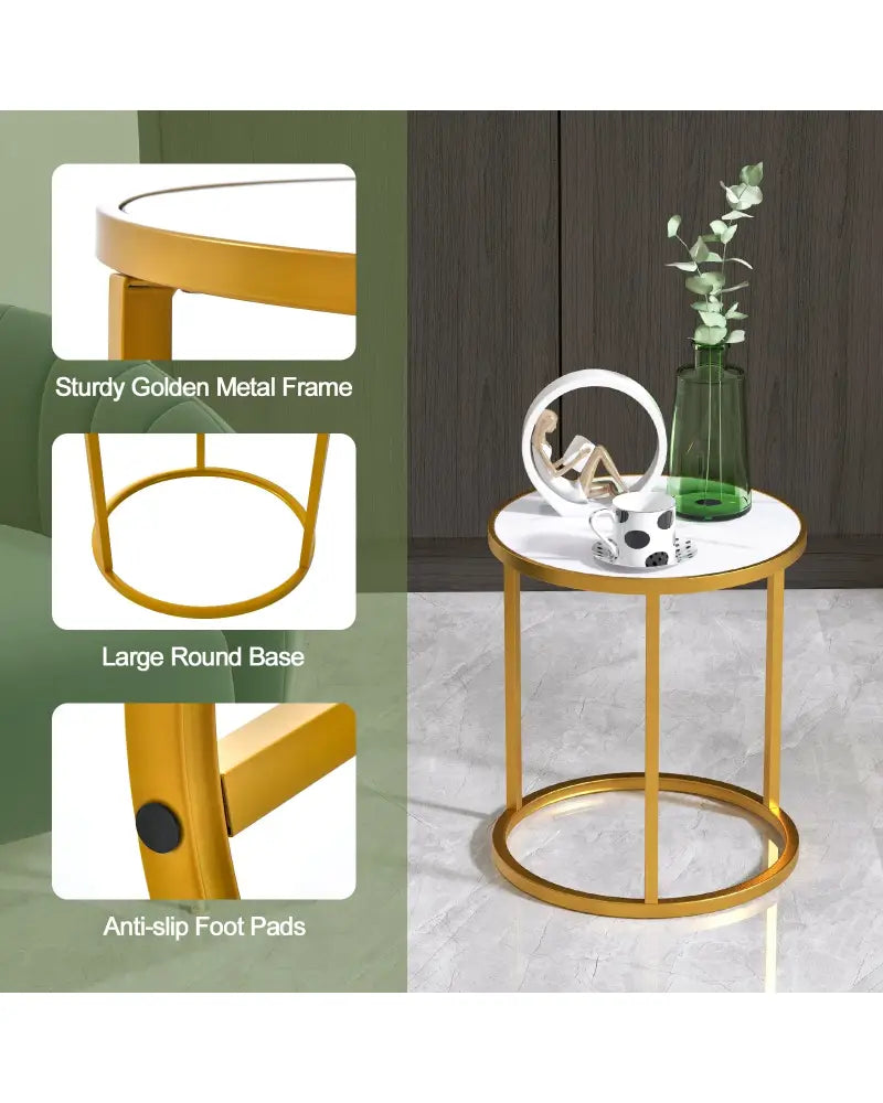 Marble Top Round Side Table 16-Inch End Table with Golden Metal Frame-2 Pieces - Golden - End & Side Tables