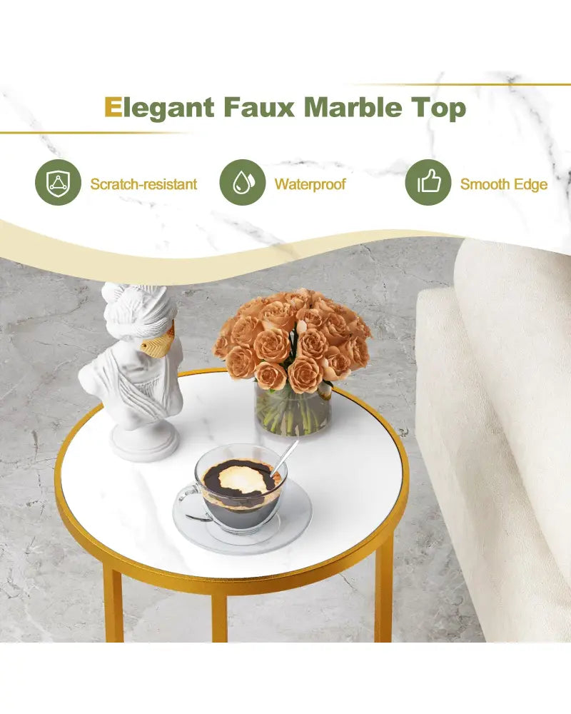 Marble Top Round Side Table 16-Inch End Table with Golden Metal Frame-2 Pieces - Golden - End & Side Tables