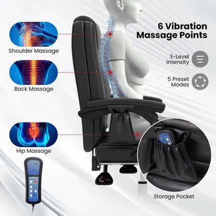 Massage Adjustable Executive Chair with Armrests and Retractable Footrest-Black - Black - Executive Chairs
