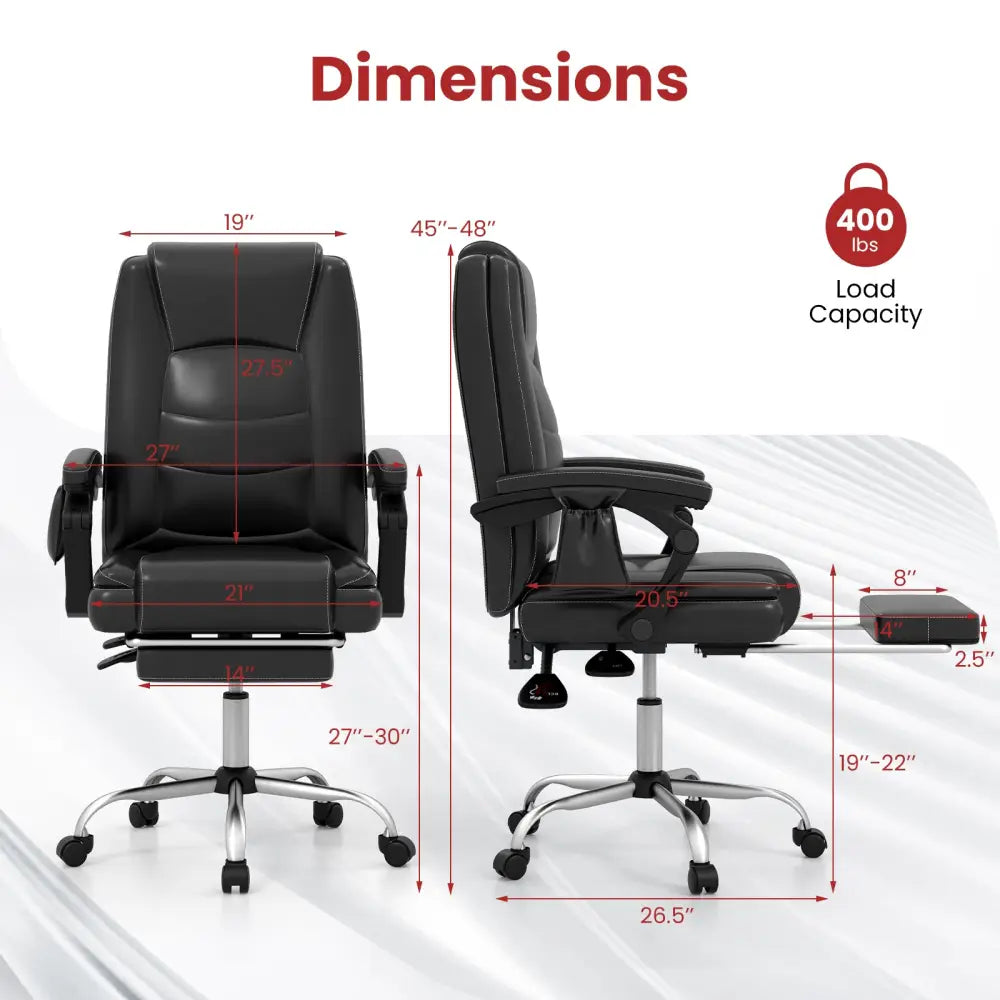 Massage Adjustable Executive Chair with Armrests and Retractable Footrest-Black - Black - Executive Chairs