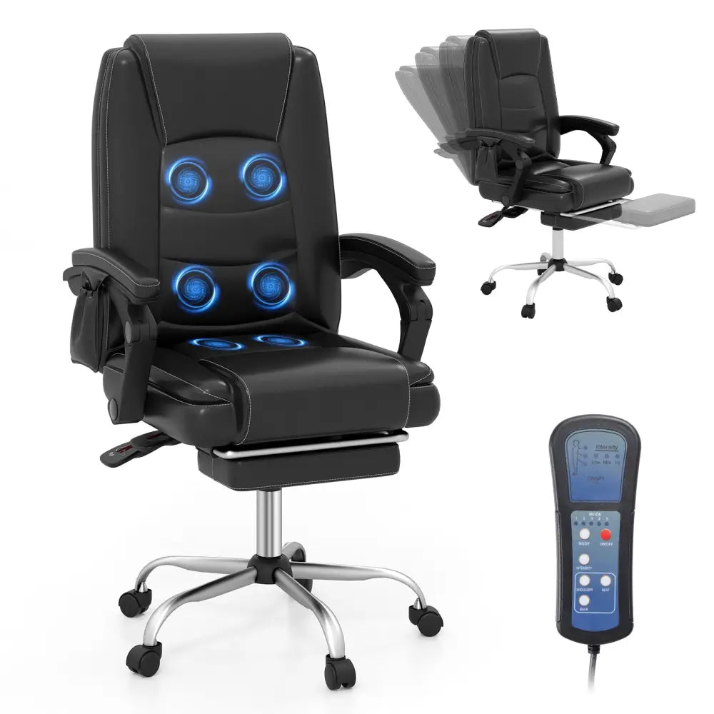 Massage Adjustable Executive Chair with Armrests and Retractable Footrest-Black - Black - Executive Chairs