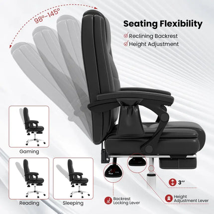 Massage Adjustable Executive Chair with Armrests and Retractable Footrest-Black - Black - Executive Chairs
