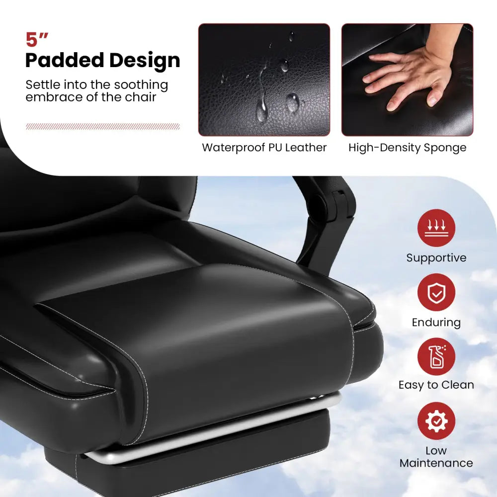 Massage Adjustable Executive Chair with Armrests and Retractable Footrest-Black - Black - Executive Chairs