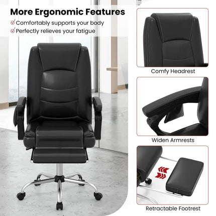Massage Adjustable Executive Chair with Armrests and Retractable Footrest-Black - Black - Executive Chairs