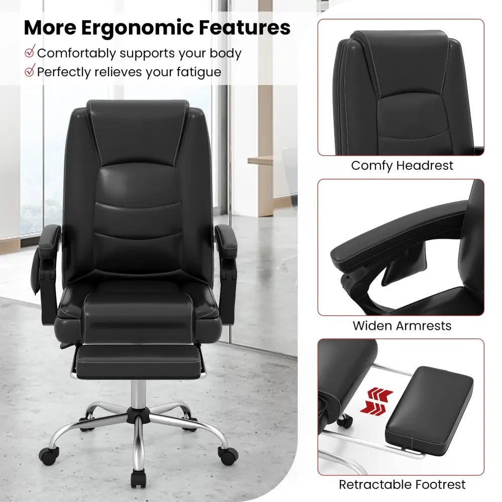 Massage Adjustable Executive Chair with Armrests and Retractable Footrest-Black - Black - Executive Chairs