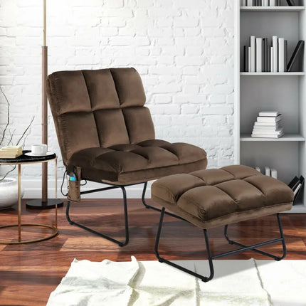 Massage Chair Velvet Accent Sofa Chair with Ottoman and Remote Control-Brown - Brown - Recliners