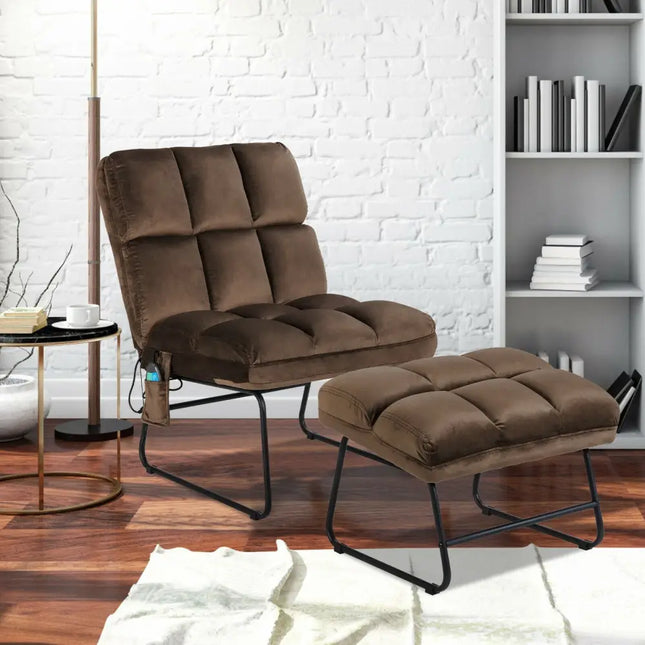 Massage Chair Velvet Accent Sofa Chair with Ottoman and Remote Control-Brown - Brown - Recliners