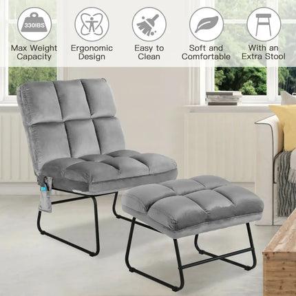 Massage Chair Velvet Accent Sofa Chair with Ottoman and Remote Control - Gray - Gray - Recliners