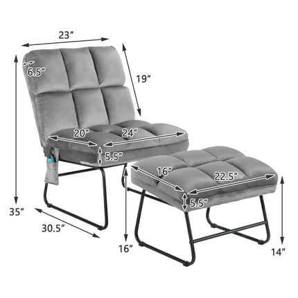 Massage Chair Velvet Accent Sofa Chair with Ottoman and Remote Control - Gray - Gray - Recliners