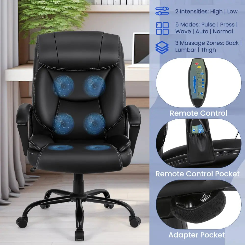 Massage Executive Office Chair with 6 Vibrating Points-Black - Black - Big and Tall Chairs