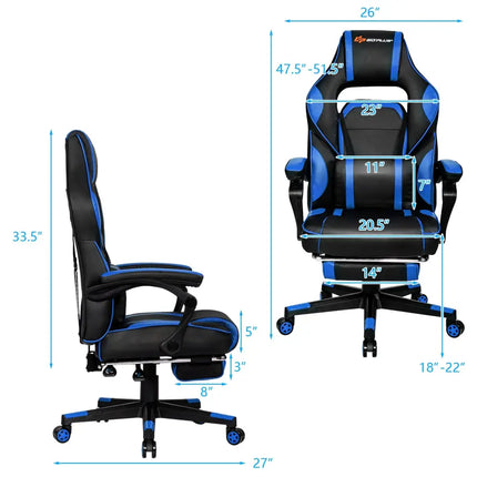 Massage Gaming Chair with Footrest and Lumbar Support - Blue - Gaming Chairs