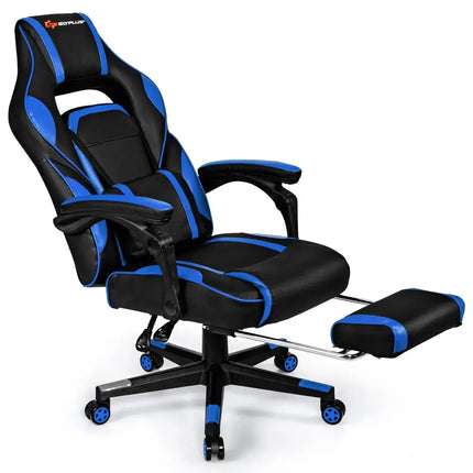Massage Gaming Chair with Footrest and Lumbar Support - Blue - Gaming Chairs