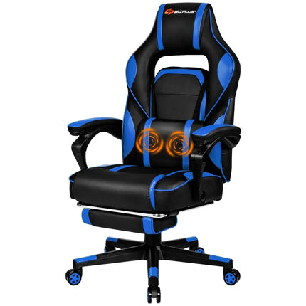 Massage Gaming Chair with Footrest and Lumbar Support - Blue - Gaming Chairs
