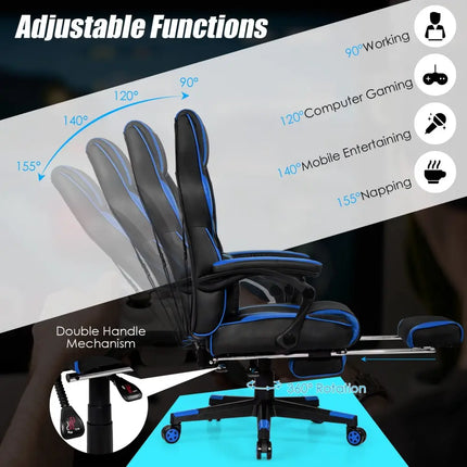 Massage Gaming Chair with Footrest and Lumbar Support - Blue - Gaming Chairs