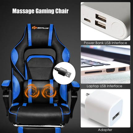 Massage Gaming Chair with Footrest and Lumbar Support - Blue - Gaming Chairs
