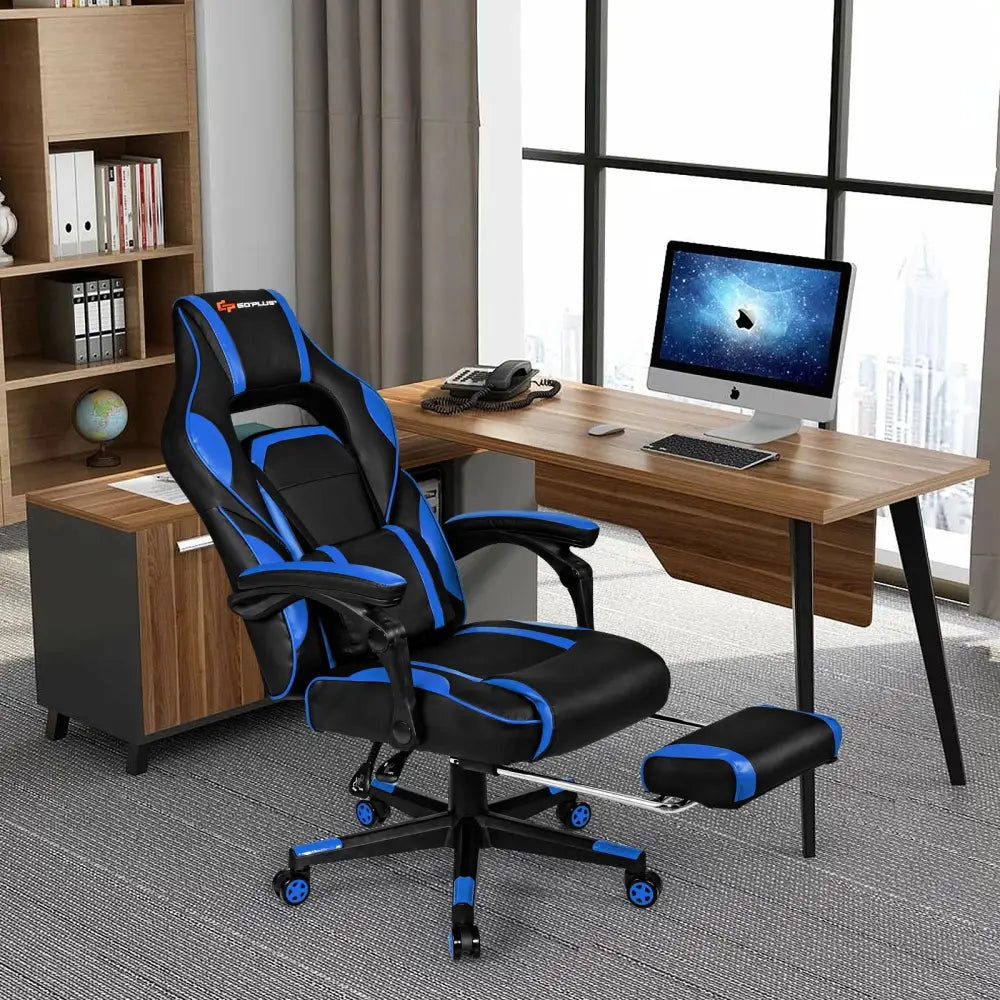 Massage Gaming Chair with Footrest and Lumbar Support - Blue - Gaming Chairs
