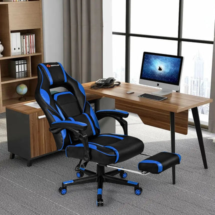 Massage Gaming Chair with Footrest and Lumbar Support - Blue - Gaming Chairs