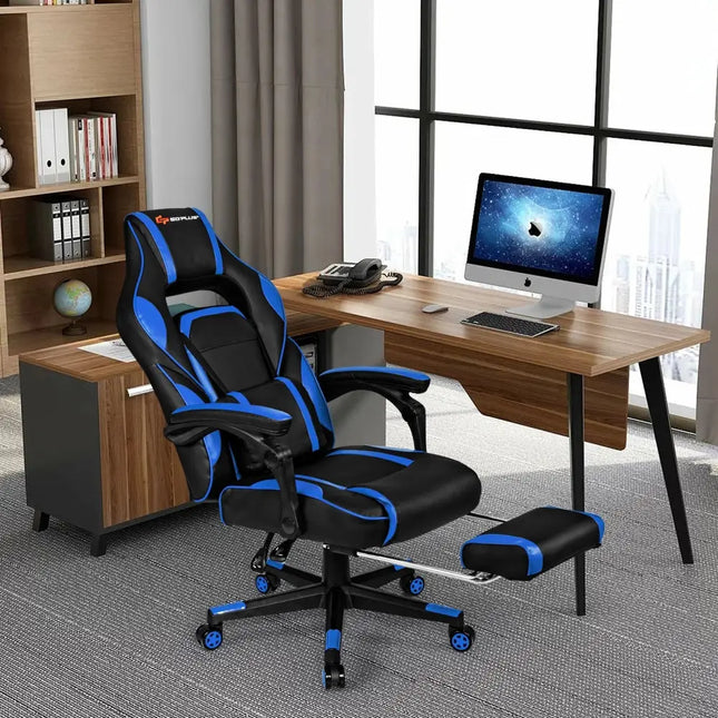 Massage Gaming Chair with Footrest and Lumbar Support - Blue - Gaming Chairs