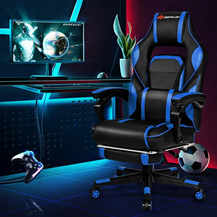 Massage Gaming Chair with Footrest and Lumbar Support - Blue - Gaming Chairs