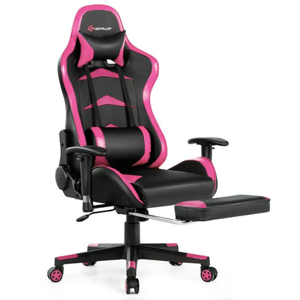 Massage Gaming Chair with Footrest-Pink - Pink - Gaming Chairs