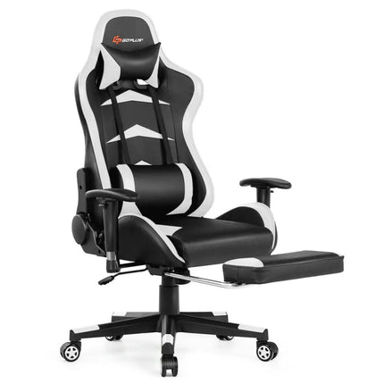 Massage Gaming Chair with Footrest-White - White - Gaming Chairs