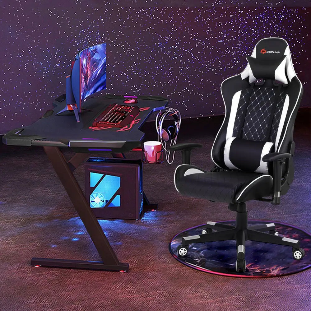 Massage Gaming Chair with Lumbar Support and Headrest-White - White - Gaming Chairs