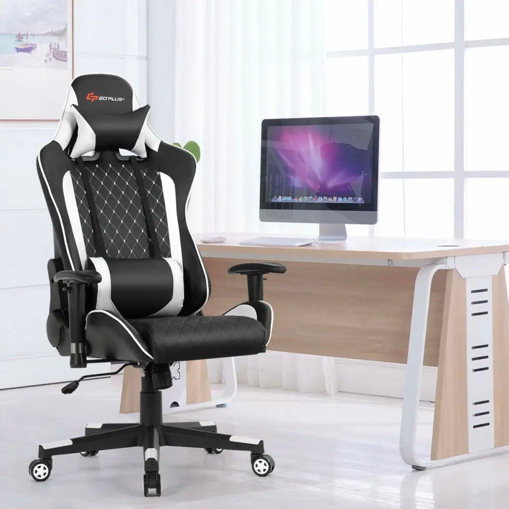 Massage Gaming Chair with Lumbar Support and Headrest-White - White - Gaming Chairs