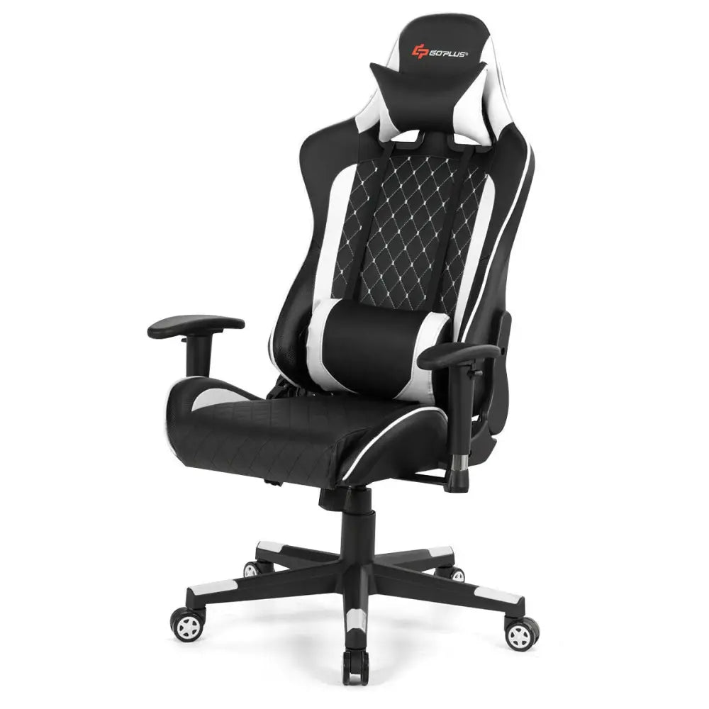 Massage Gaming Chair with Lumbar Support and Headrest-White - White - Gaming Chairs
