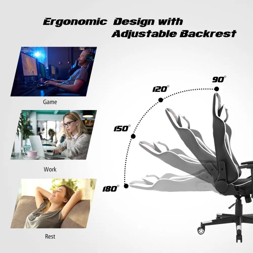 Massage Gaming Chair with Lumbar Support and Headrest-White - White - Gaming Chairs