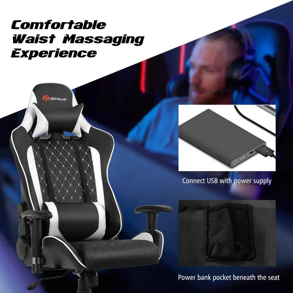 Massage Gaming Chair with Lumbar Support and Headrest-White - White - Gaming Chairs