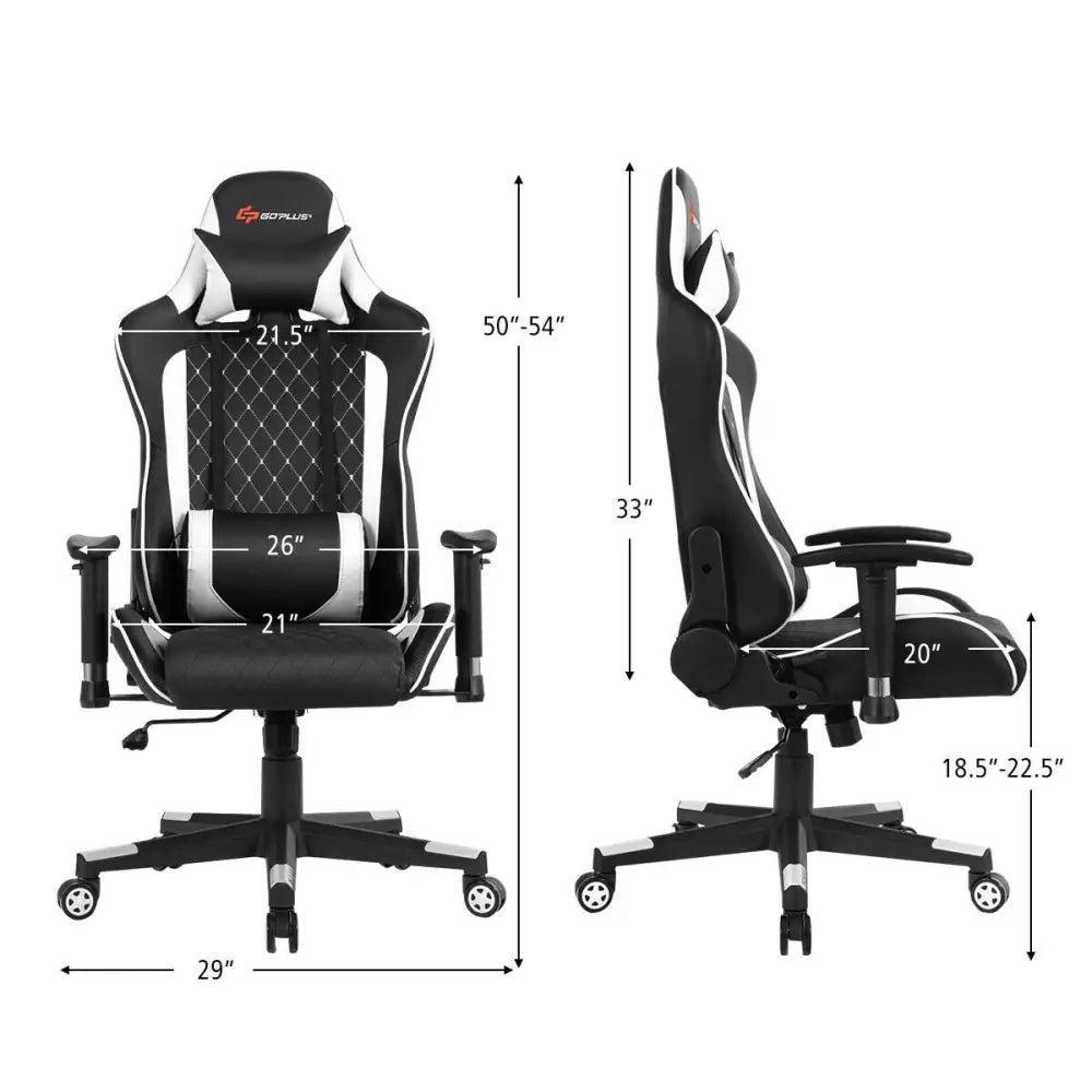 Massage Gaming Chair with Lumbar Support and Headrest-White - White - Gaming Chairs