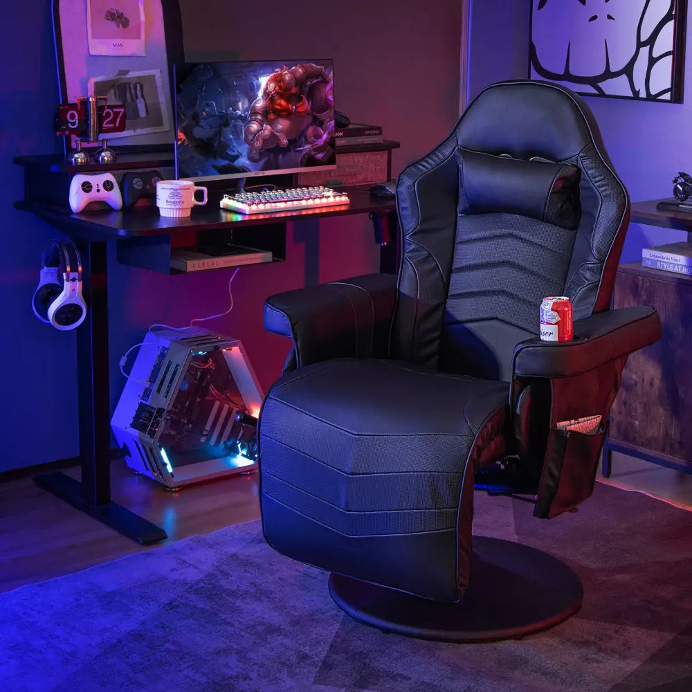Massage Video Gaming Recliner Chair with Adjustable Height-Black - Black - Gaming Chairs