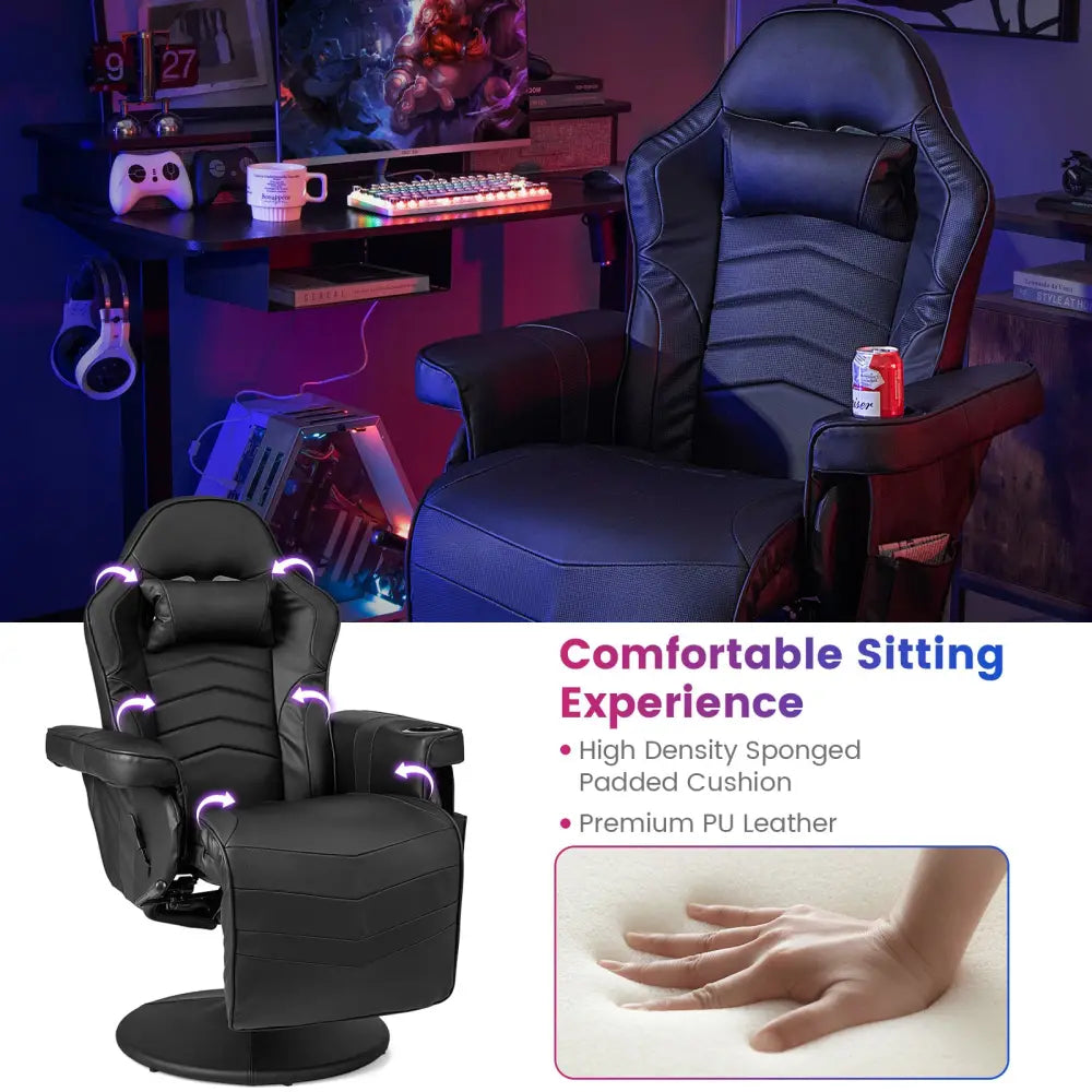 Massage Video Gaming Recliner Chair with Adjustable Height-Black - Black - Gaming Chairs