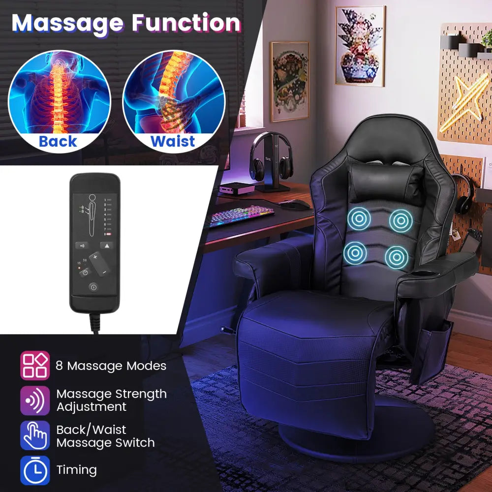 Massage Video Gaming Recliner Chair with Adjustable Height-Black - Black - Gaming Chairs