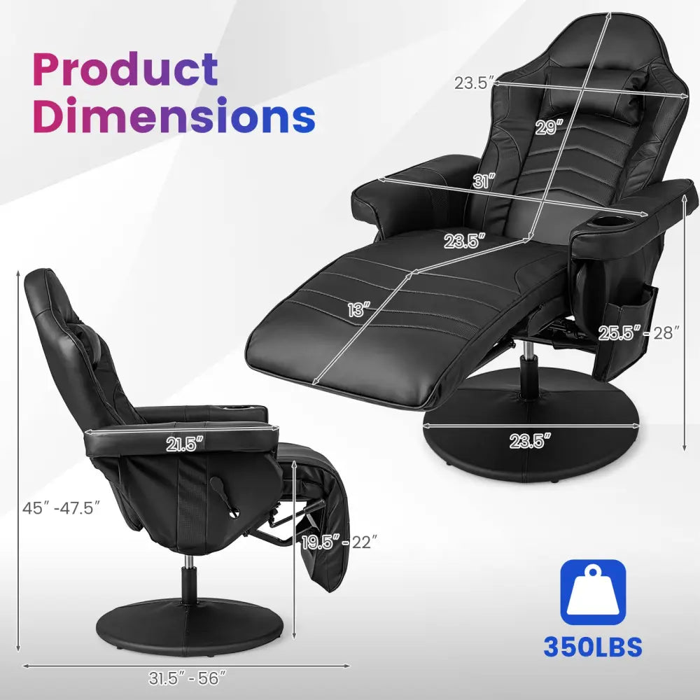 Massage Video Gaming Recliner Chair with Adjustable Height-Black - Black - Gaming Chairs
