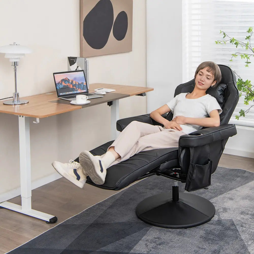 Massage Video Gaming Recliner Chair with Adjustable Height-Black - Black - Gaming Chairs