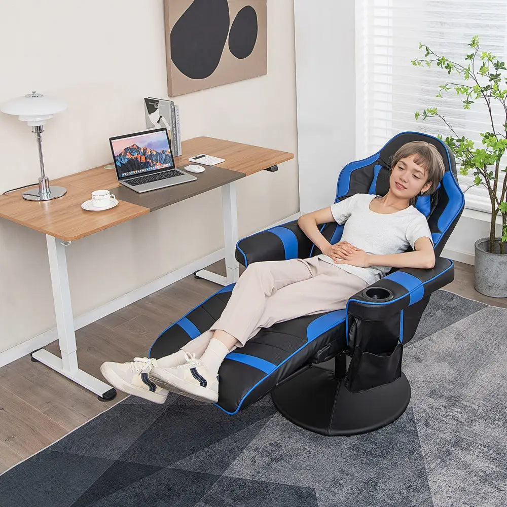 Massage Video Gaming Recliner Chair with Adjustable Height-Blue - Blue - Gaming Chairs