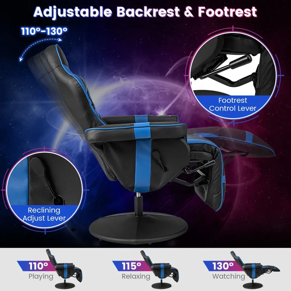Massage Video Gaming Recliner Chair with Adjustable Height-Blue - Blue - Gaming Chairs